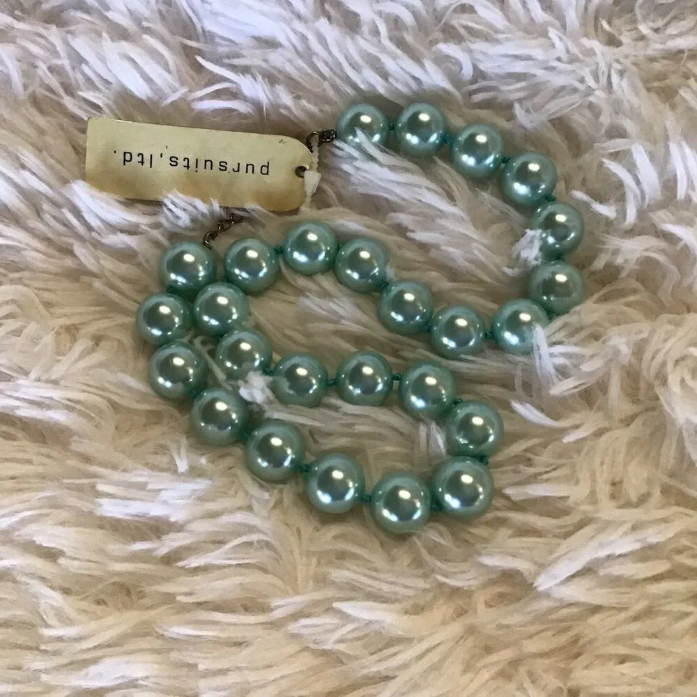 Pursuits Faux Large Teal Blue Green Pearl Necklace Lobster Hand Knot 18” NWT